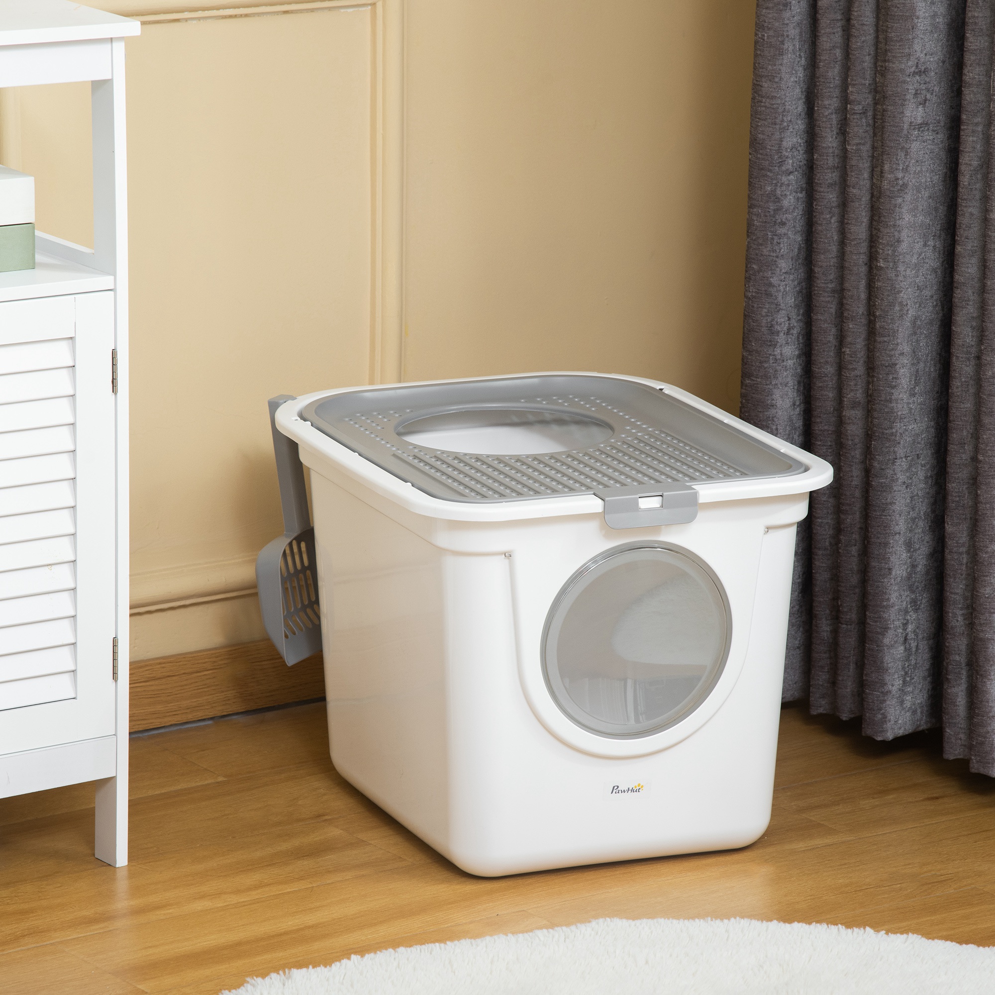 PawHut Cat Litter Box, Pet Toilet, Enclosed Kitten Pan With Front Entrance Top Exit, High Side, Scoop, White photo 4