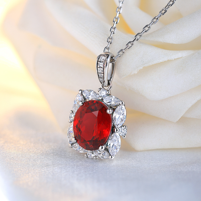 S925 Silver 3.9g Lab-Created Ruby Necklace, 10x8mm Oval Halo Pendant, 40&5cm, GRA Certified photo 2