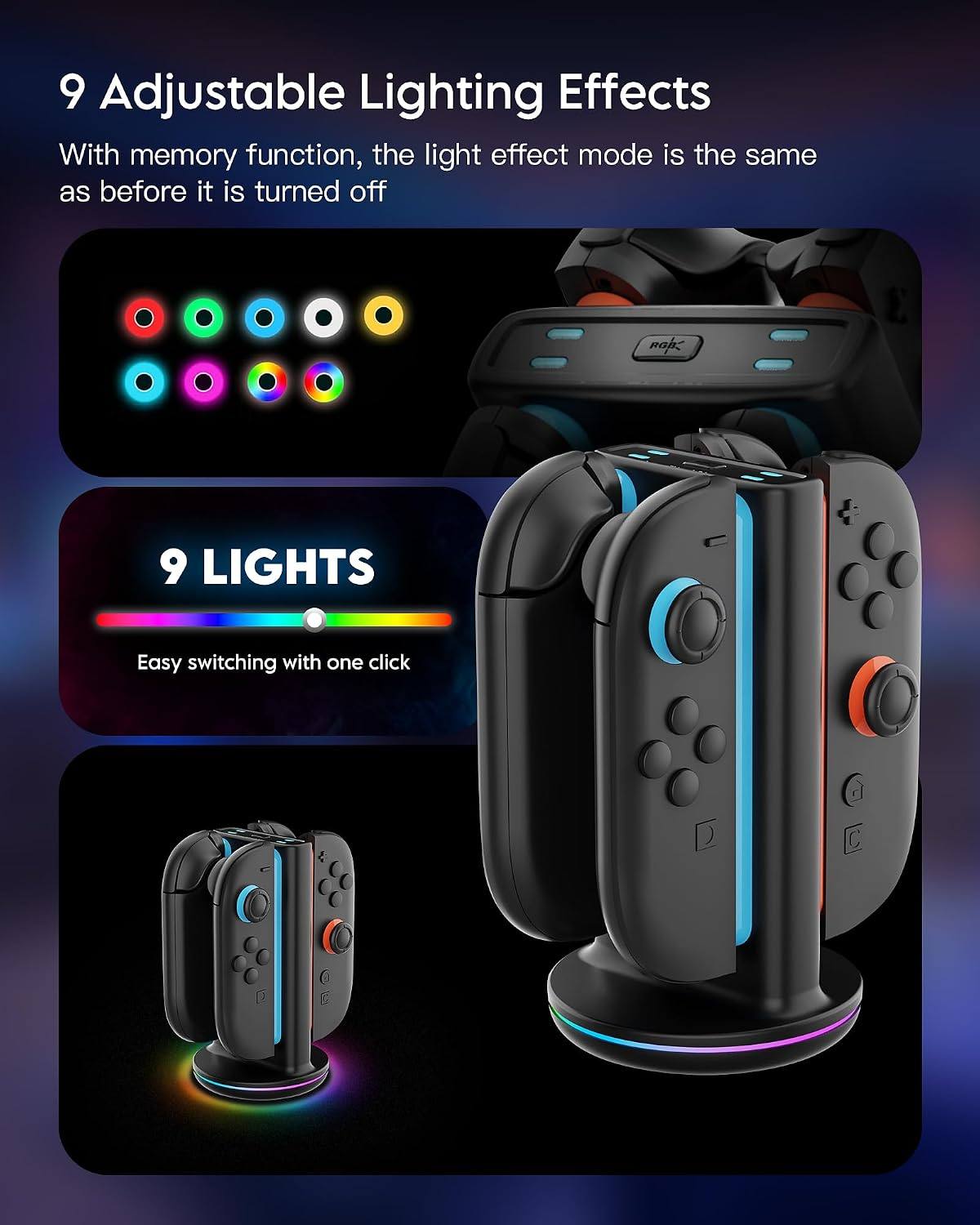 4 In 1 Charging Dock Dual-Direction Magnetic Fast Station With 9 RGB Light, Intelligent Protection For S Witch 2 Joy Con Controller Accessories, Black photo 6