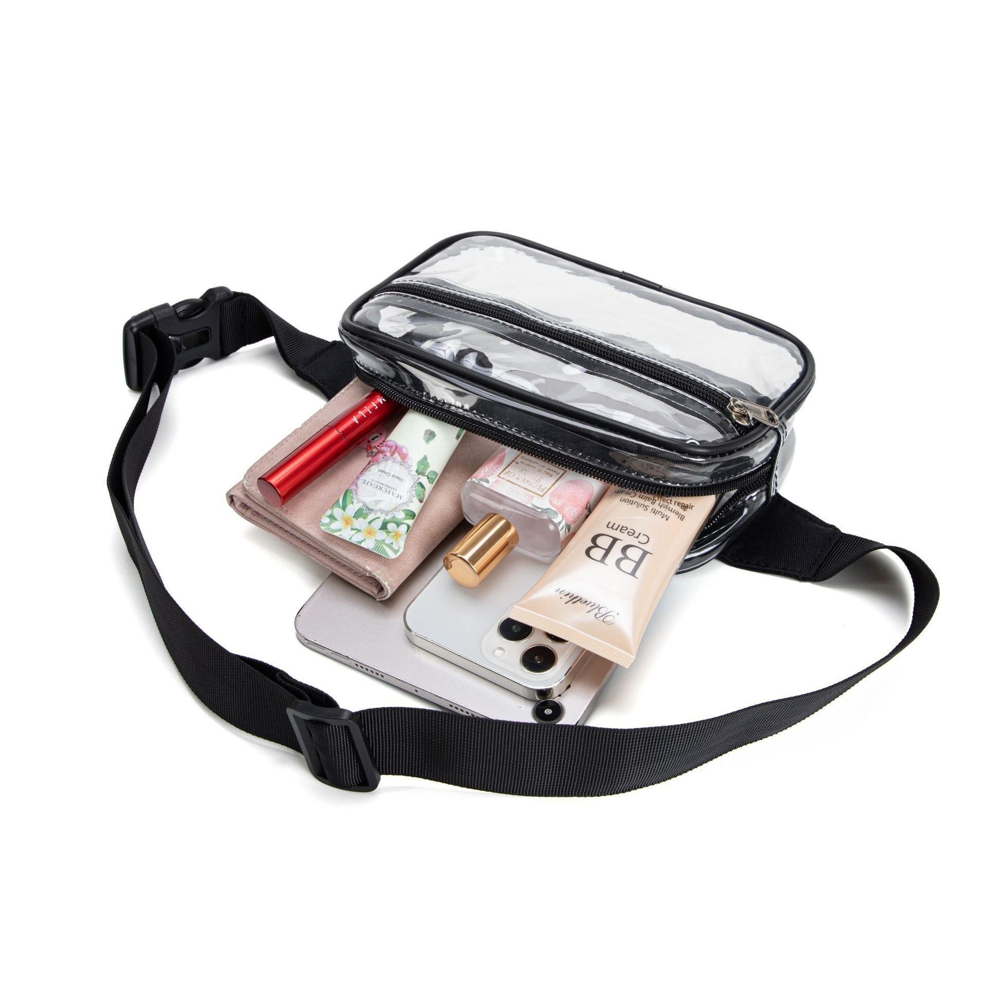 Transparent PVC Toiletry Bag, Waterproof, Portable, Large Capacity Crossbody Makeup Bag, Outdoor Sports Storage Bag, Waist Bag - Orange Red photo 7