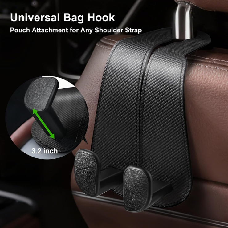 CoBak Extra Wide Car Seat Back Hooks, Premium Stitched Leather Headrest Hangers With Wide Slot Structure, Universal For Any-Width Purses, Handbags, Bags 2 Pack Carbon Fiber Black photo 2
