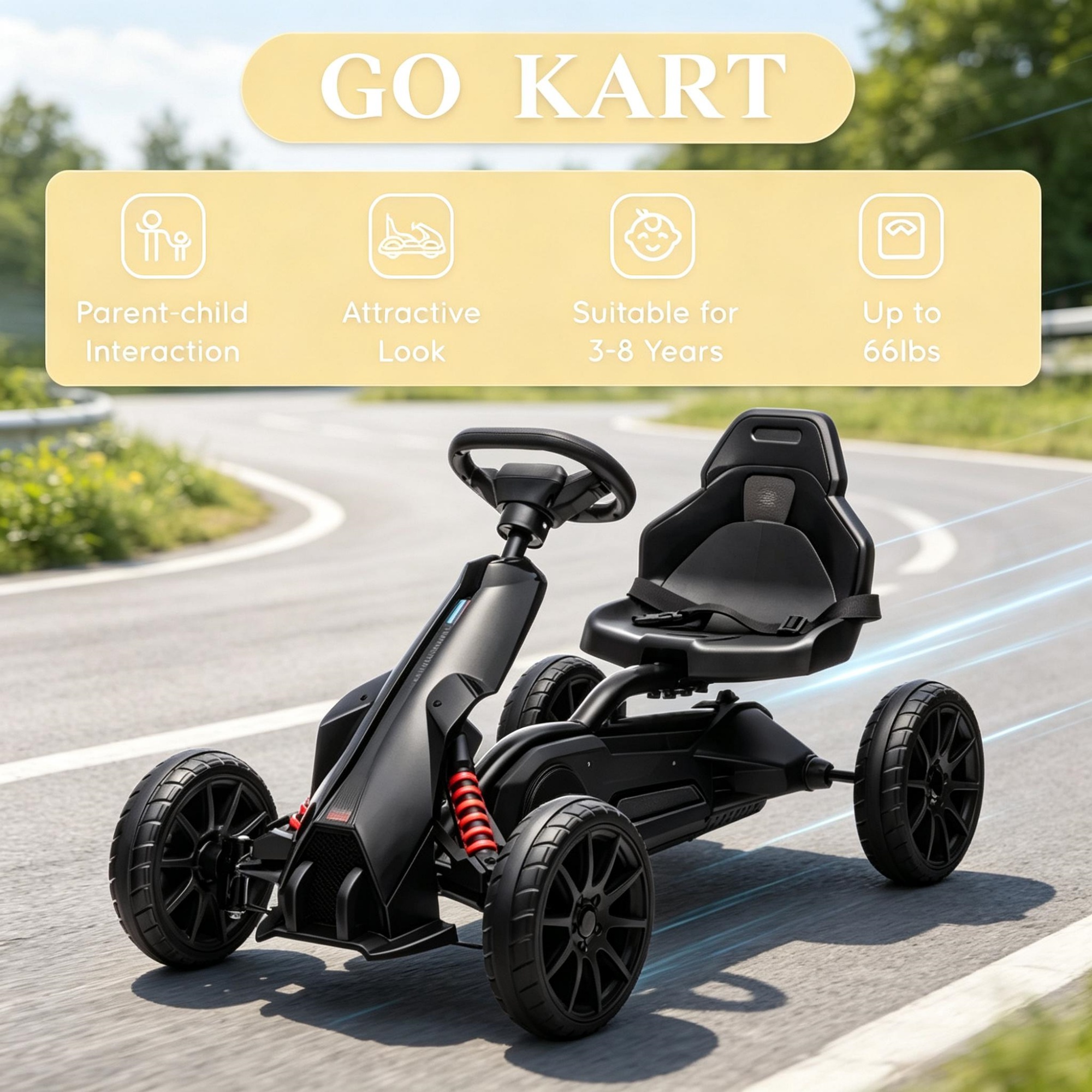 Black Children's Pedal Kart, Adjustable Seat, Durable Swing Axle, Safe Outdoor Riding Toy photo 8