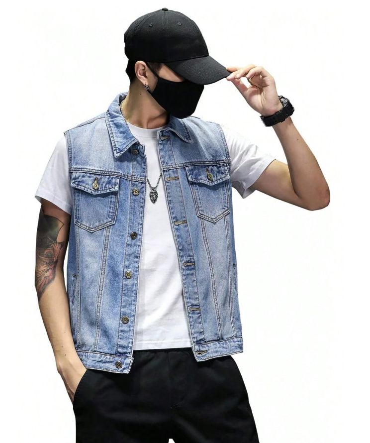 Classic Denim Vest Men Light Blue Washed Sleeveless Jean Jacket Casual USA Warehouse Stock photo 3