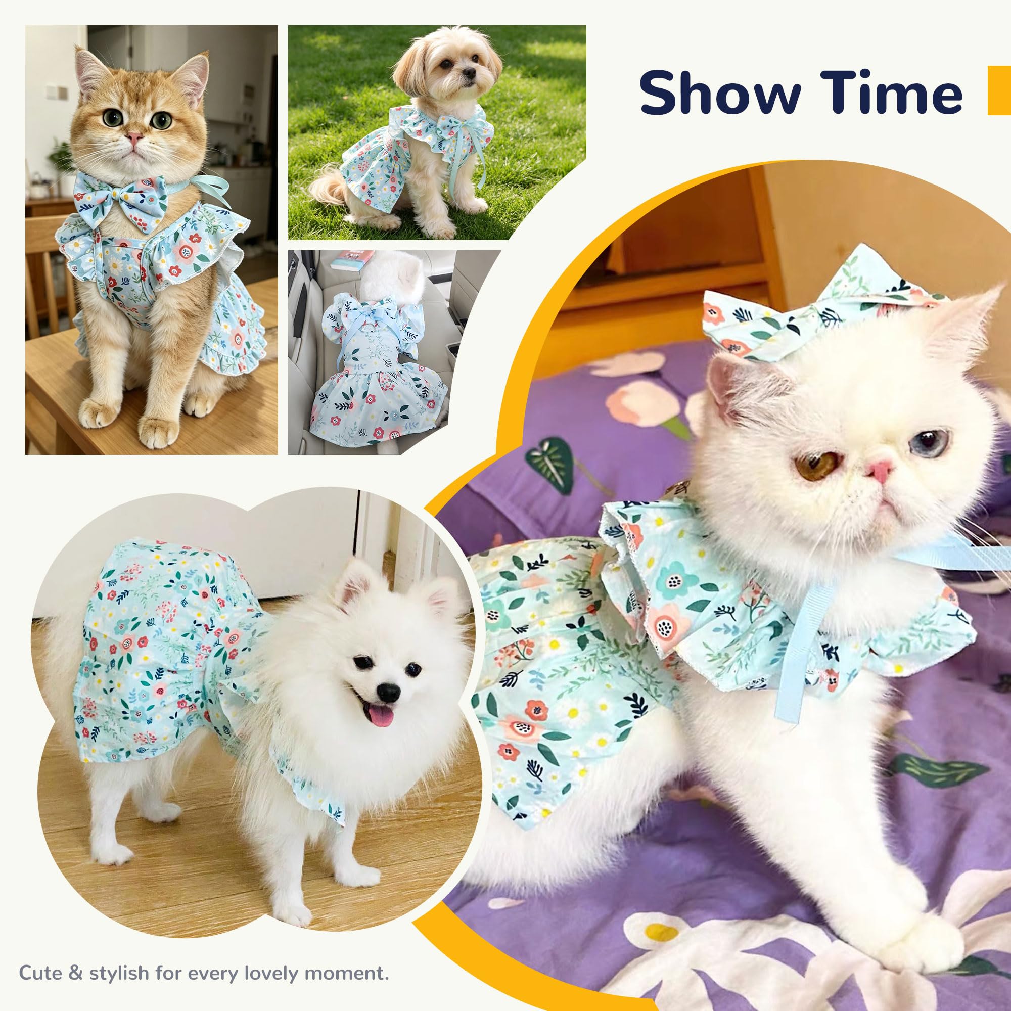 Cute Floral Small Dog Cat Harness Dress Outfits With Bow & Leash D-Ring,Soft Breathable Summer Ruffle Puppy Clothes Girl,3-Way Styling Female Dog Clothes For Chihuahua Yorkie Maltese photo 8