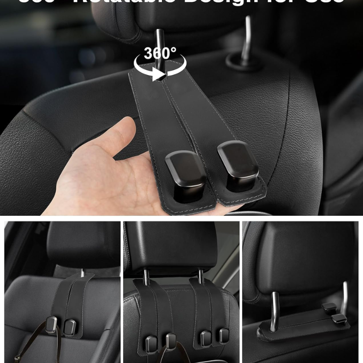 Car Hooks For Headrest, 2Pcs Seat Back Storage Hook Luxurious Leather Metal Multifunctional Car Hanger & Holder For Heatrest, Seat, Bag, Purse Black photo 4
