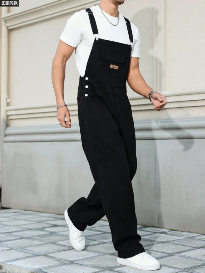 Black Denim Overalls Men Loose Straight Leg Bib Overalls Utility Workwear Jumpsuit US Ready Stock photo 6