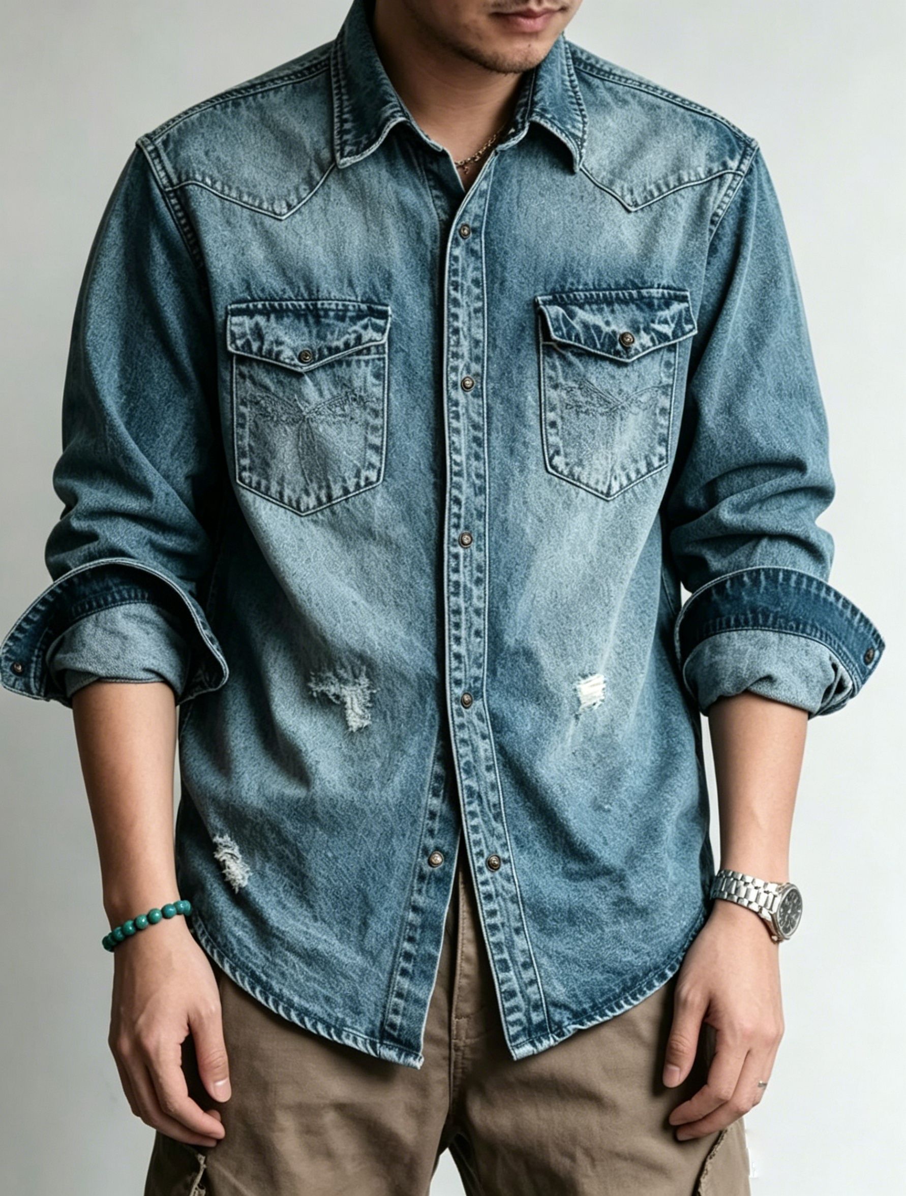 Vintage Western Denim Shirt Men Distressed Long Sleeve Washed Jean Shirt US Warehouse Stock photo 5