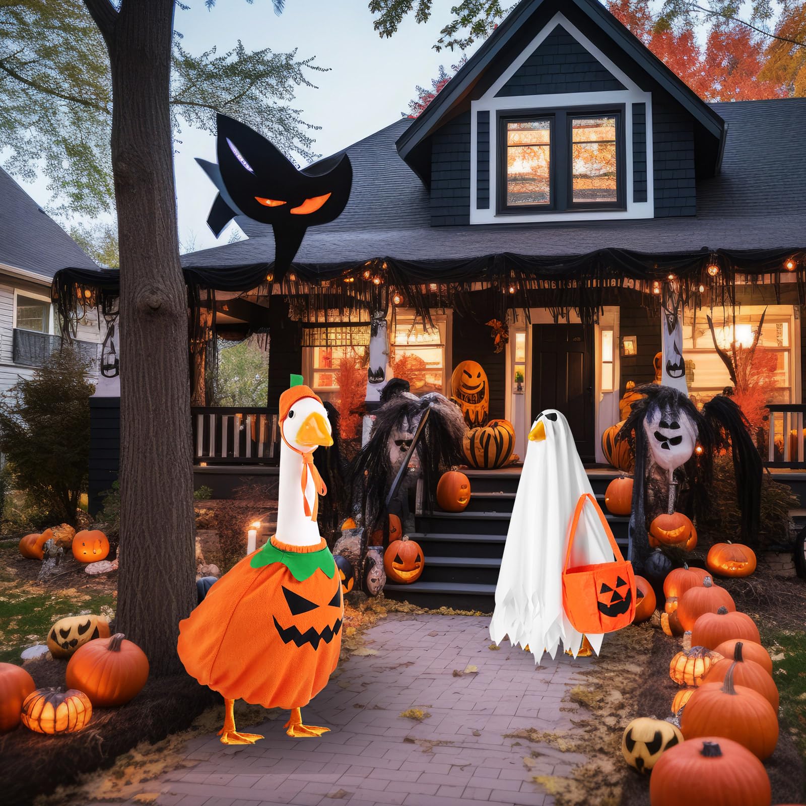 Halloween Fall Porch Goose Outfit, 23in Lawn Goose Cloth Halloween Ghost Pumpkin Costume For Lawn Goose, Patio Yard Art Geese Decor, Thanksgiving Fall Themes Seasonal Accessory photo 8