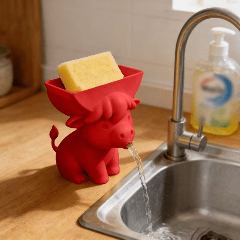 Cute Cow Sponge Holder, Kitchen Sink Organizer With Drain Spout, Animal Shaped Sponge Storage Rack For Countertop photo 5