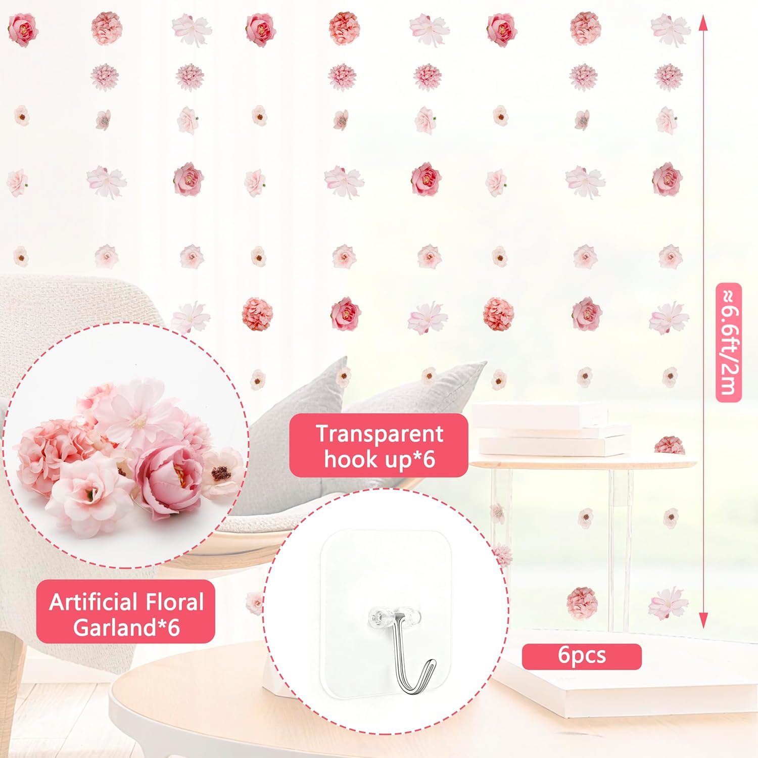 Pink Hanging Flower Garland 6 Units With Hooks, Artificial Floral Decorations For Wedding, Party, Home Wall, Door And Room Decor photo 4