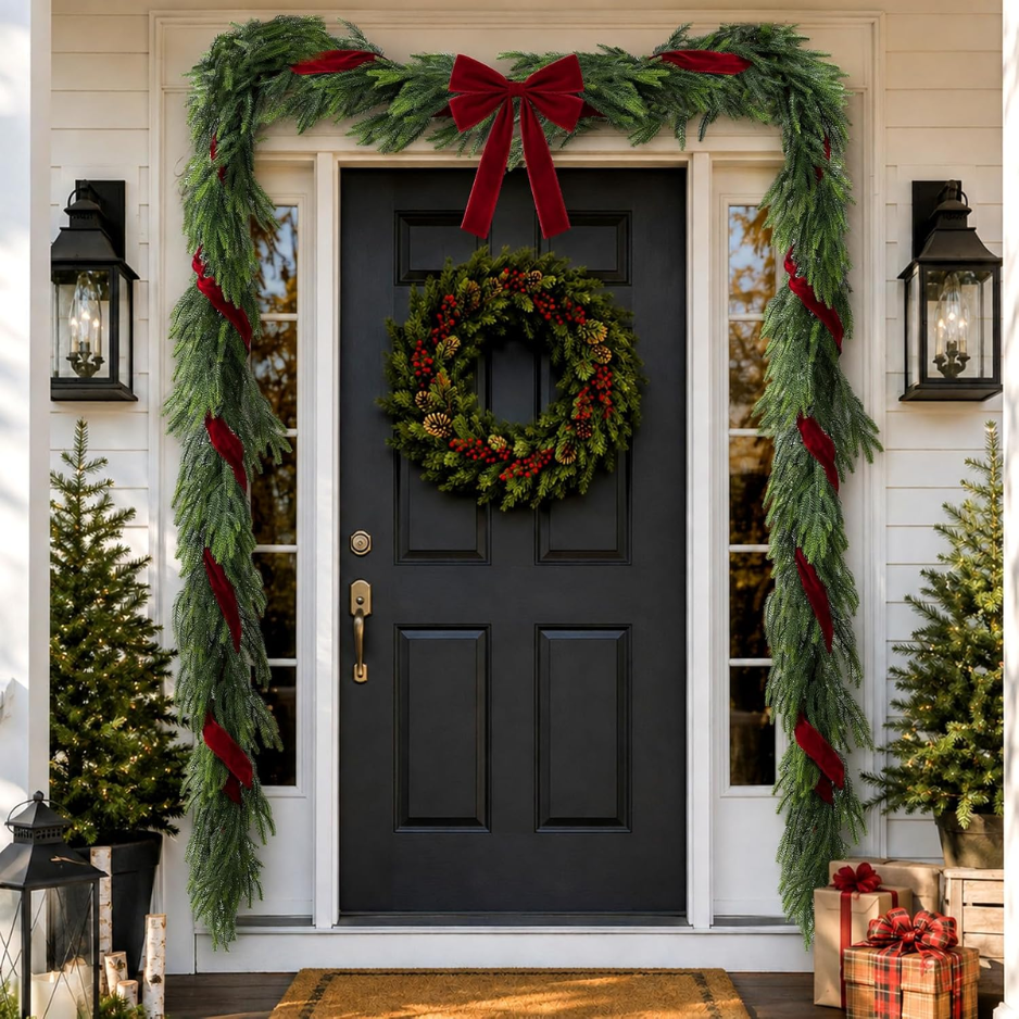 Christmas Decor  6FT Norfolk Pine Garland With Ribbon Bows Red Velvet photo 3