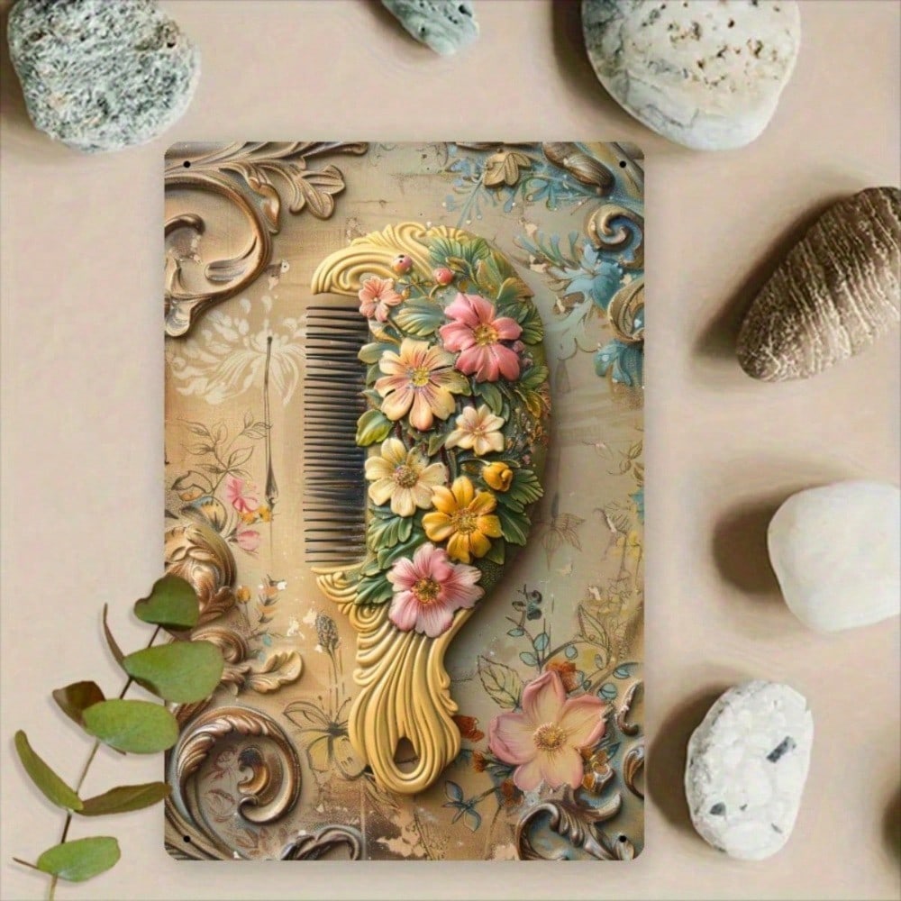 Vintage French Hair Comb Metal Wall Decor Sign, Humorous Floral Hanging Art photo 8