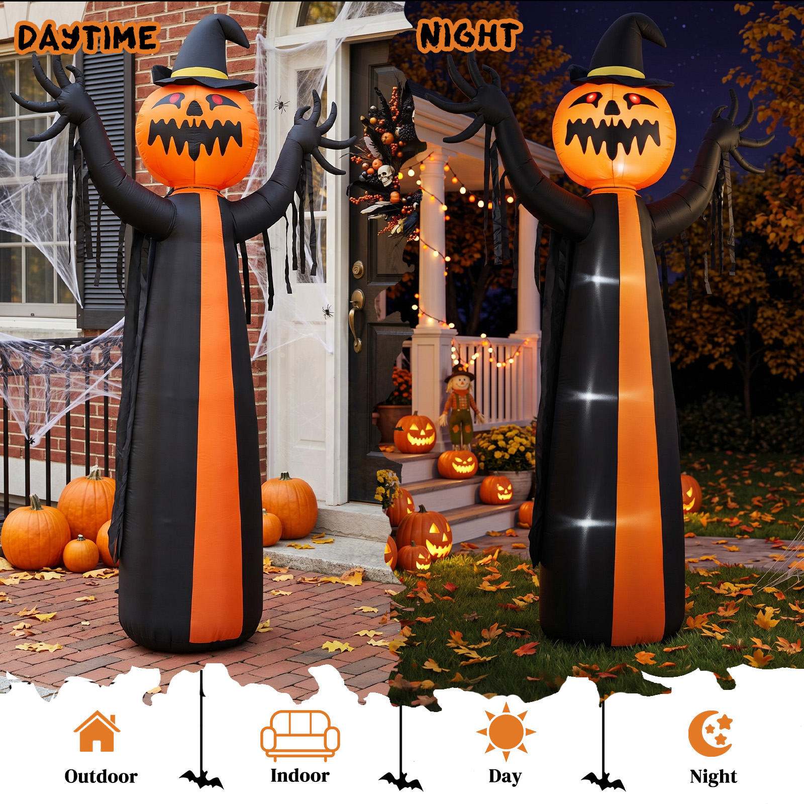 10ft Inflatable Halloween Decor With Rotatable Head Pumpkin Ghost In Cape,6 Built-in LED Lights,Black & Orange,12V 2000mA US Power Adapter photo 3