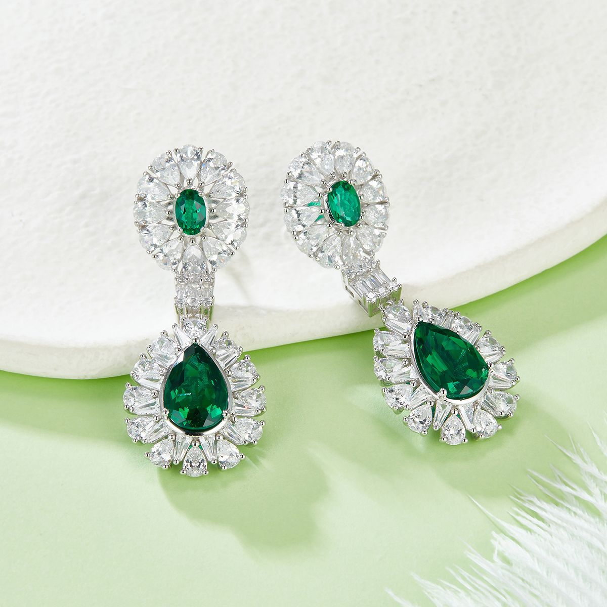 S925 Silver 15.4g 8ct Lab-Created Emerald Drop Earrings, 12x8mm & 6x4mm photo 2