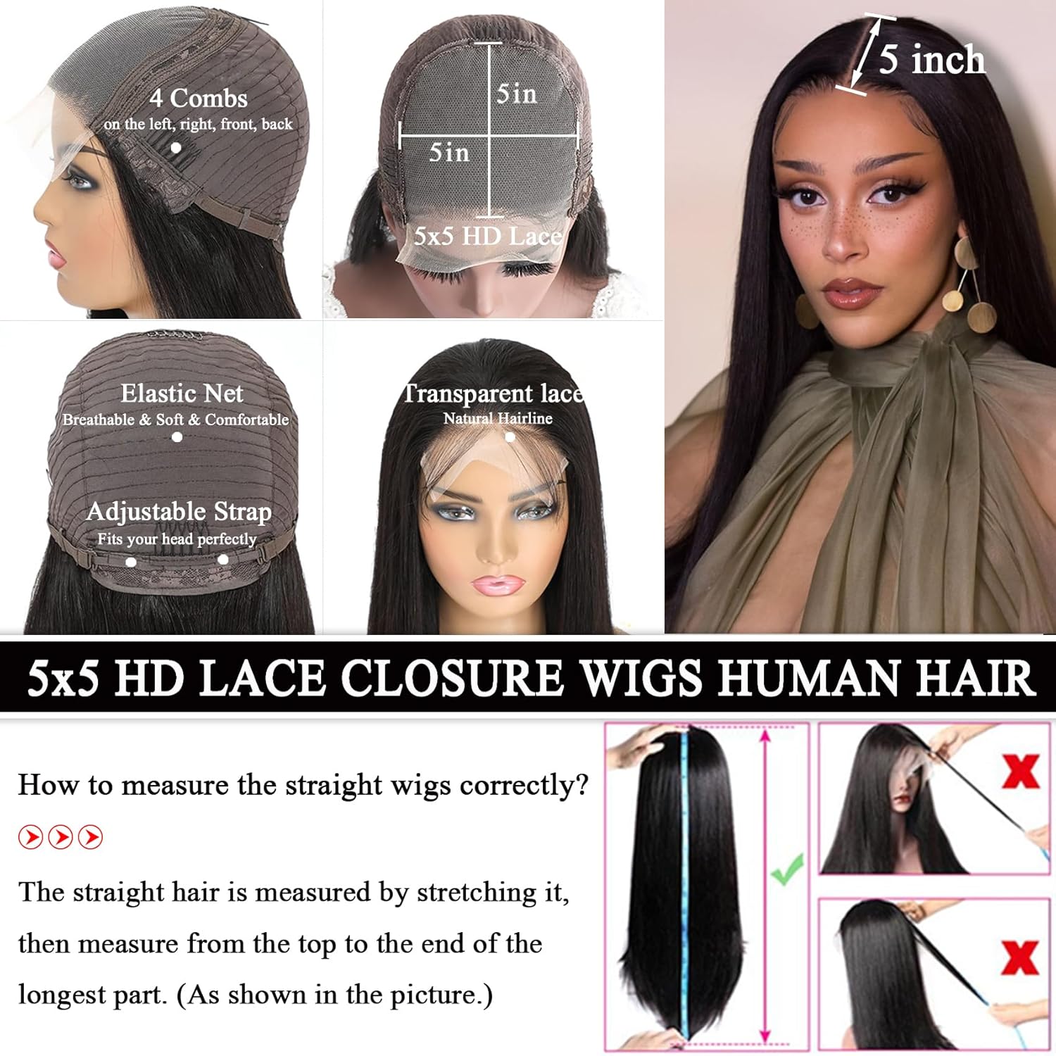 5x5 Lace Straight Human Hair Wig, Natural Color, Density photo 3