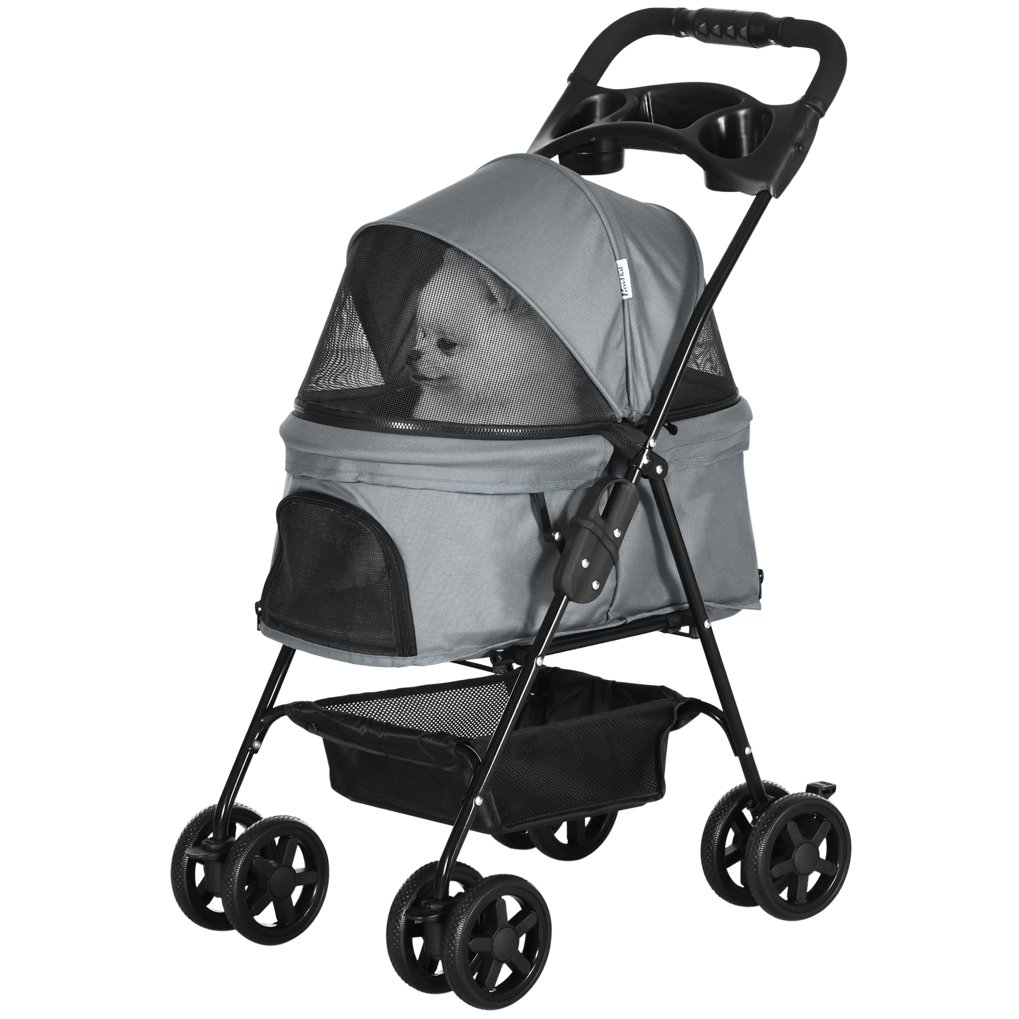 PawHut Dog Pram Dog Stroller Foldable Pet Pushchair With 4 Wheels, Safety Leashes, Cup Holder For Small Dogs, Grey photo 1