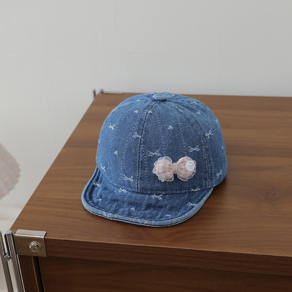 Striped Lace Bow Girl's Denim Baseball Cap, Baby-sized, Washed, Jacquard, Frayed, Heart-shaped Soft Brim Hat photo 5