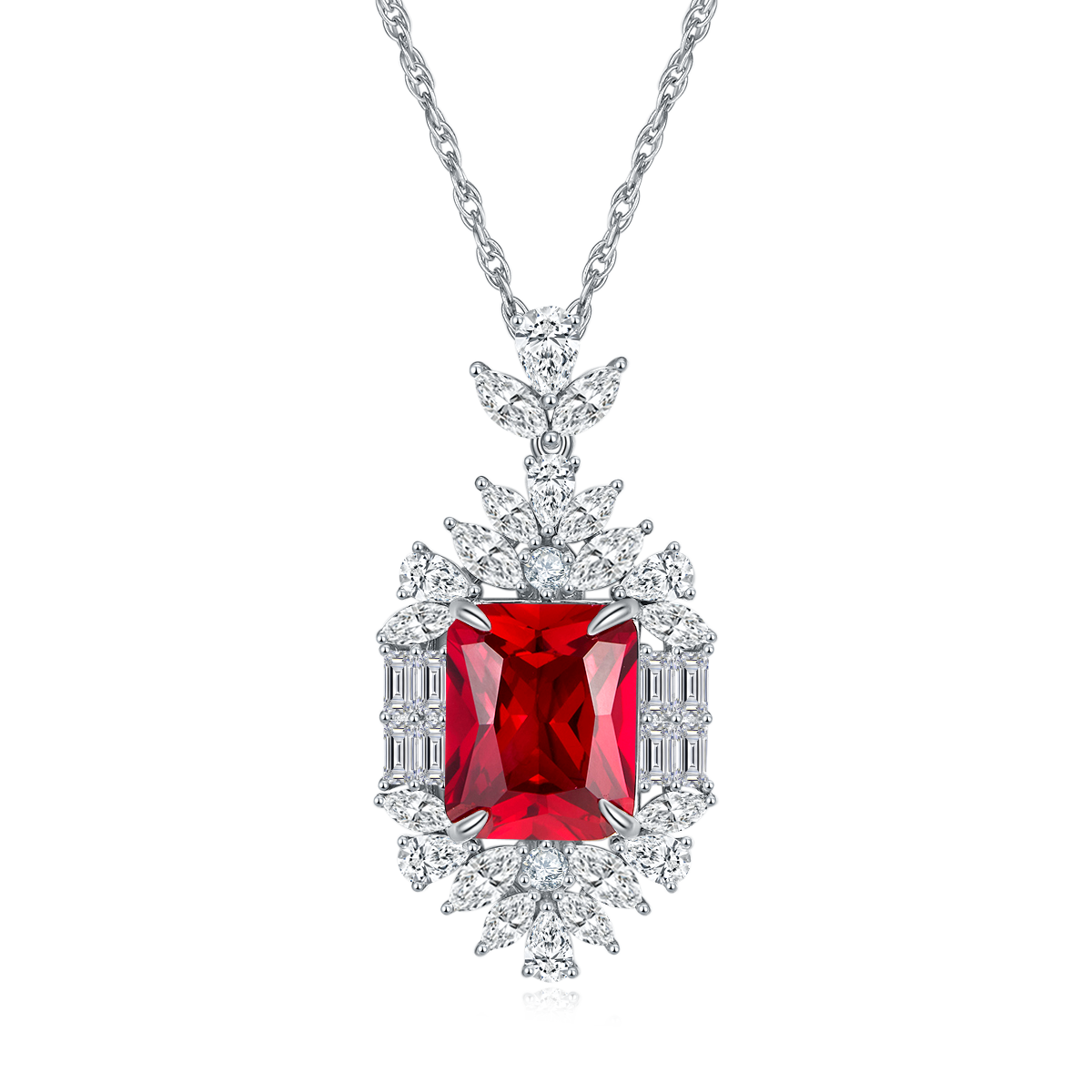 S925 Silver 14.6g 12.86ct Lab-Created Ruby Necklace, 15x12mm Halo Pendant, 40&5cm photo 2