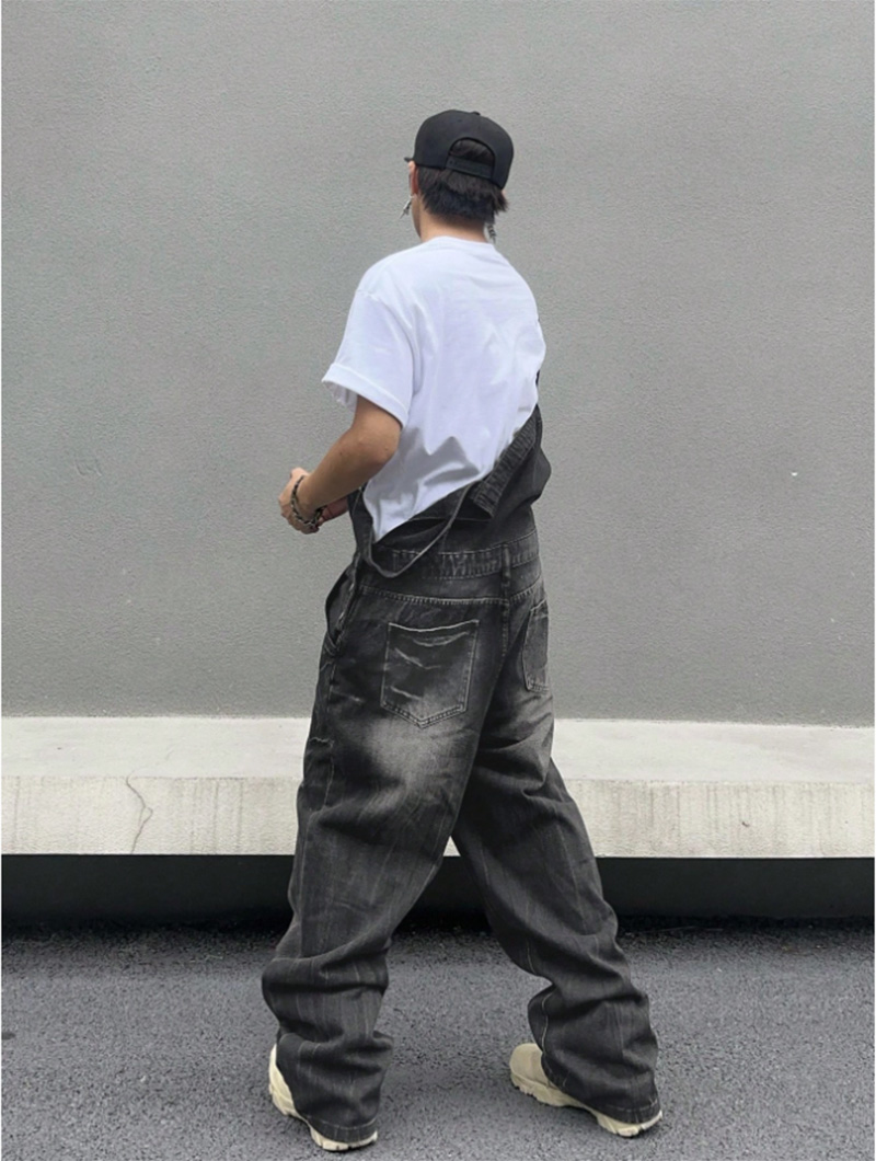 Men Black Denim Overalls Loose Fit Bib Pants Workwear Style Casual Jeans Jumpsuit Wholesale Ready Stock photo 5