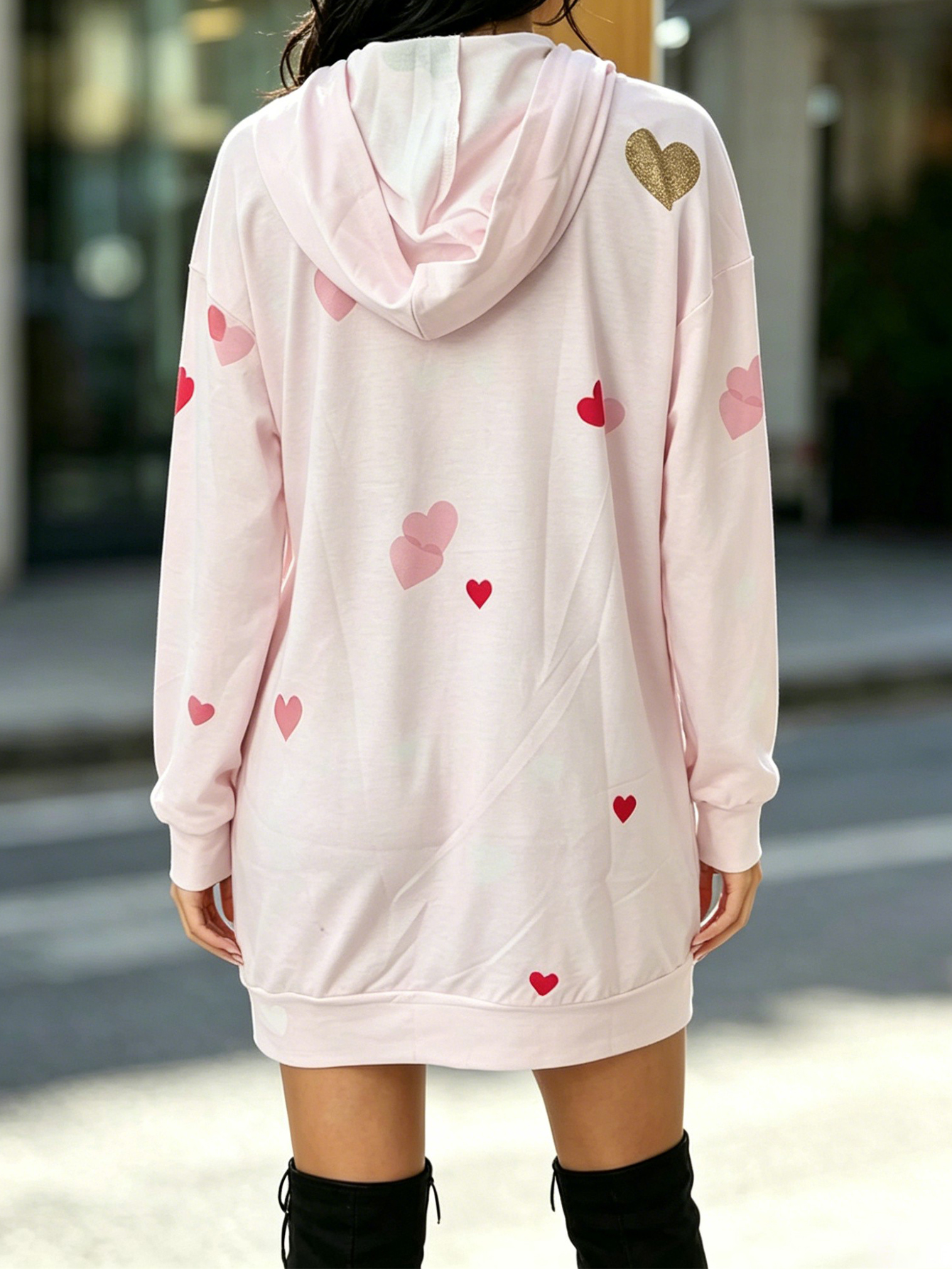 Women's Pink Heart Print Hooded Sweatshirt Dress Long Sleeve Oversized Mini Hoodie Tunic Dress photo 5