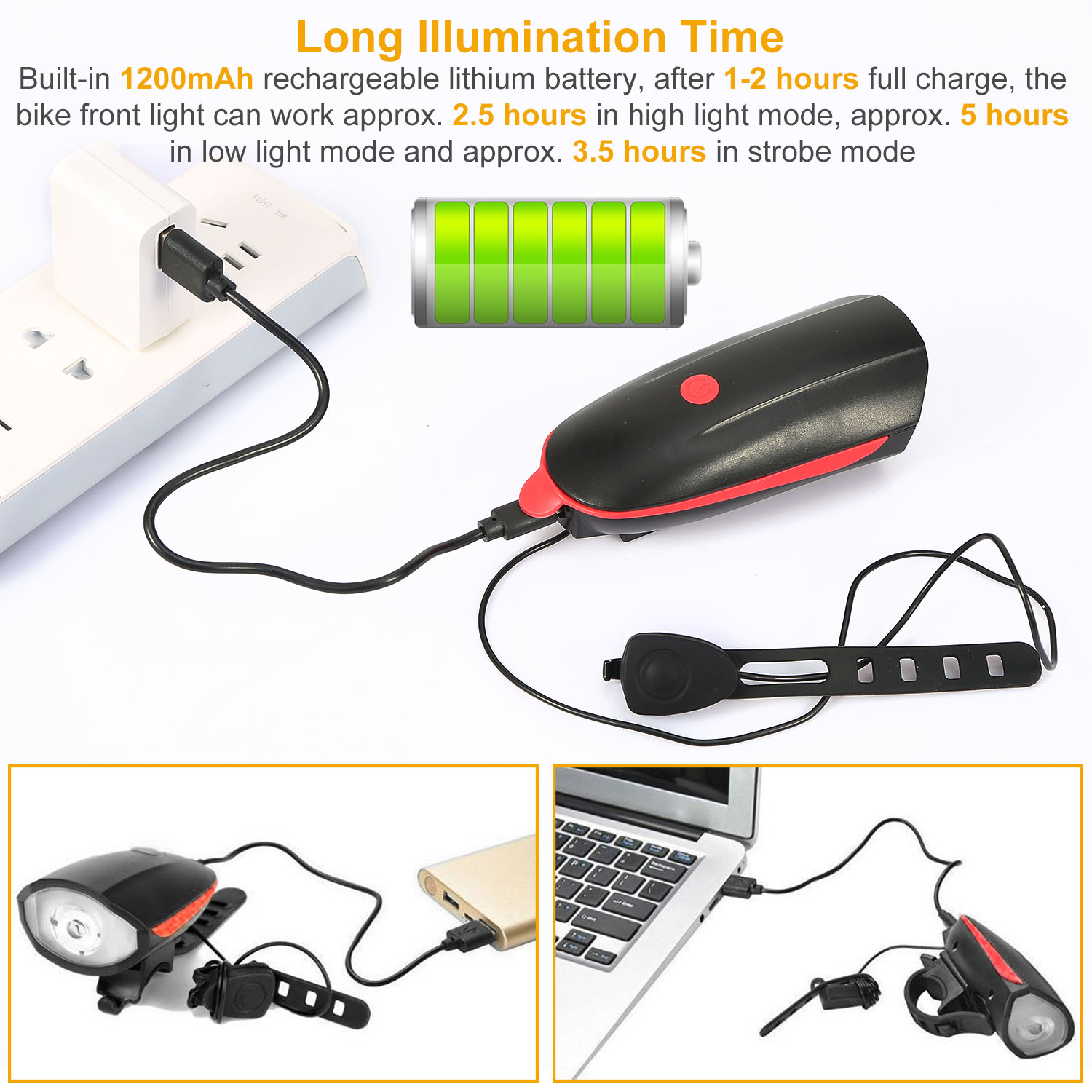 Bike Headlight USB Rechargeable LED Bicycle Front Light Rear Tail Light With 130dB Loud Horn photo 2