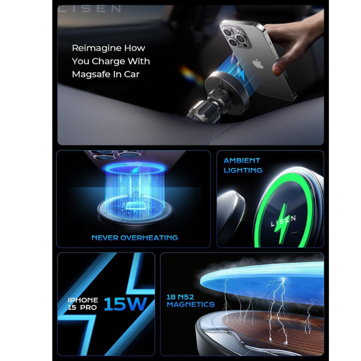 LISEN 15W MagSafe Car Mount Charger, Magnetic Phone Holders For Your Car photo 5