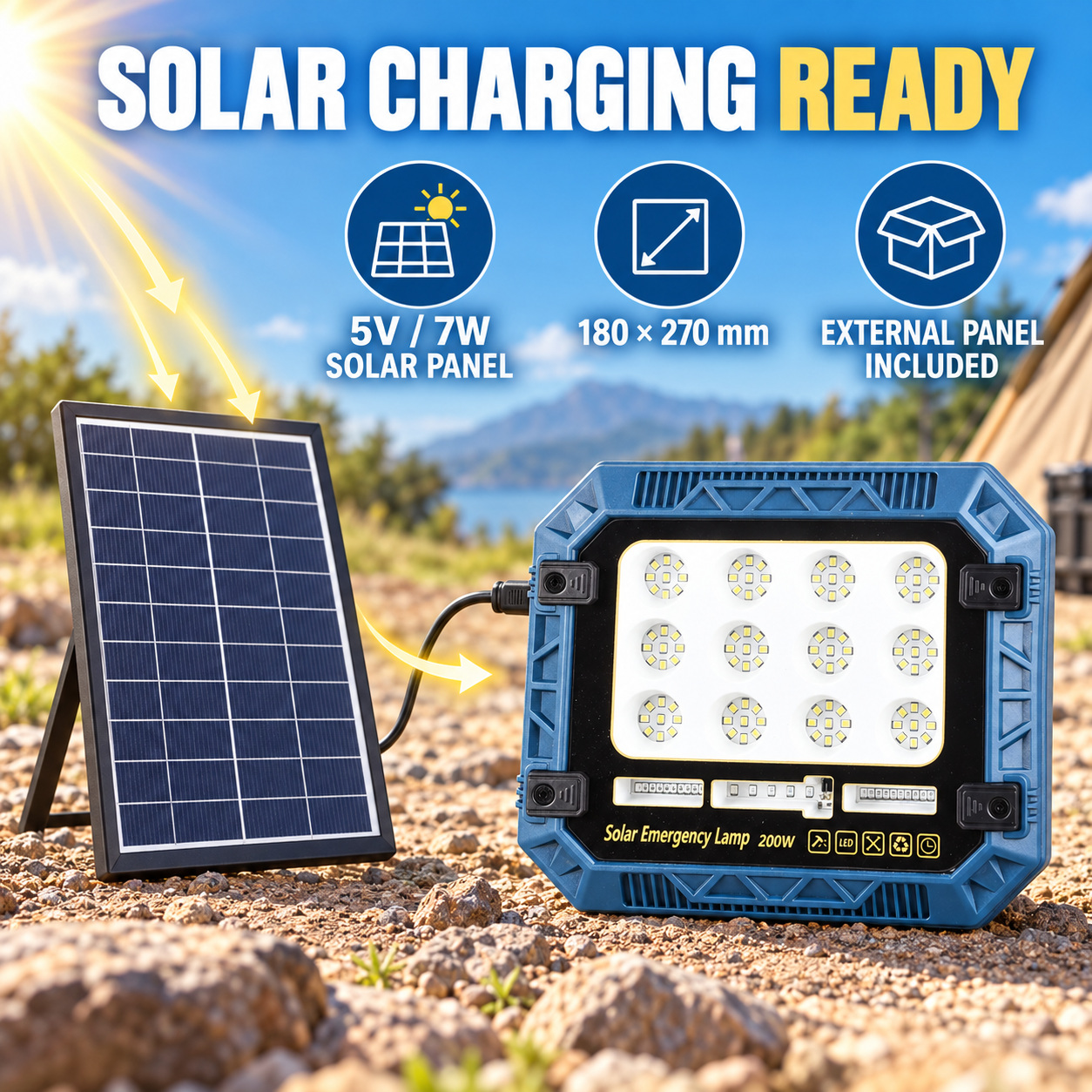 Solar Powered Rechargeable Battery Display 18650 W8112 2 Red Blue Warning LED Flood Light SMD photo 5