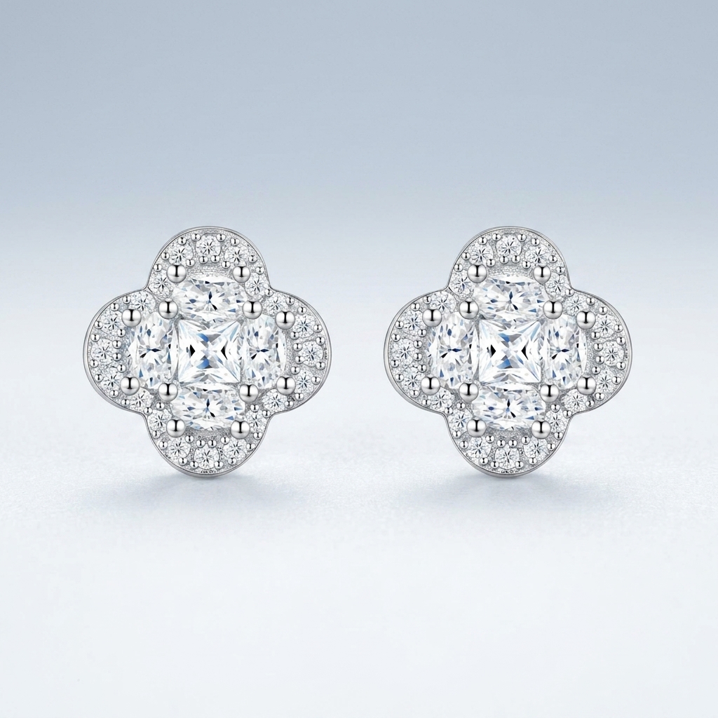 S925 Silver 2.5g Platinum Plated D VVS1 Moissanite Flower Cluster Stud Earrings, Pair, GRA Certified Gift Box photo 6