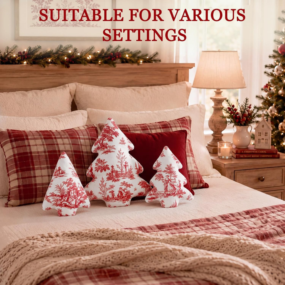 3 Pcs Red Toile Christmas Tree Pillows Vintage Cushion Decor photo 4