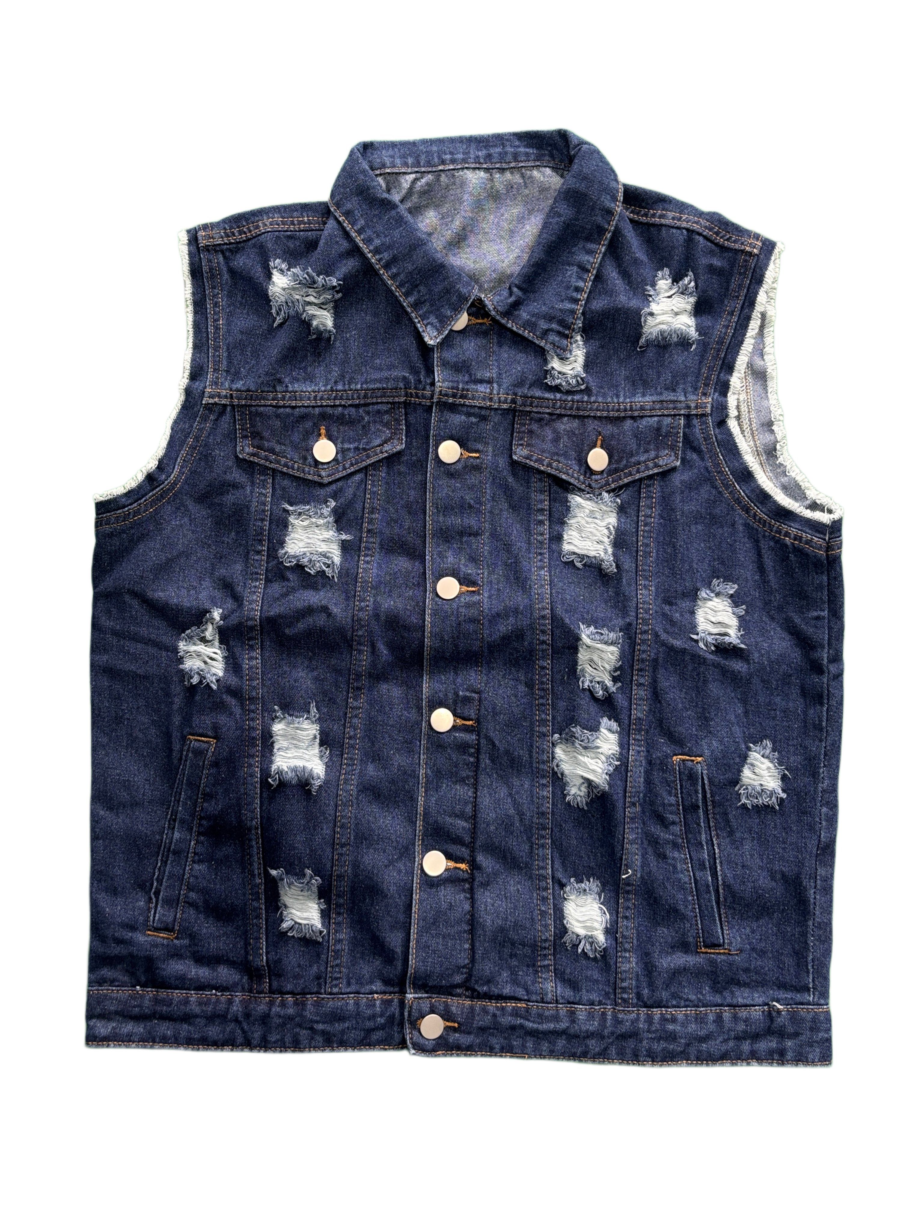 Ripped Denim Vest Men Dark Blue Distressed Sleeveless Jean Jacket Vintage Ships From US photo 6