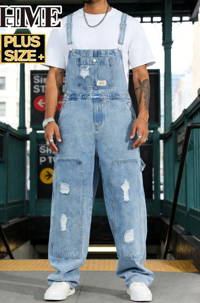 Distressed Denim Overalls Men Plus Size Big And Tall Light Wash Baggy Workwear Bib Overalls US Stock photo 4
