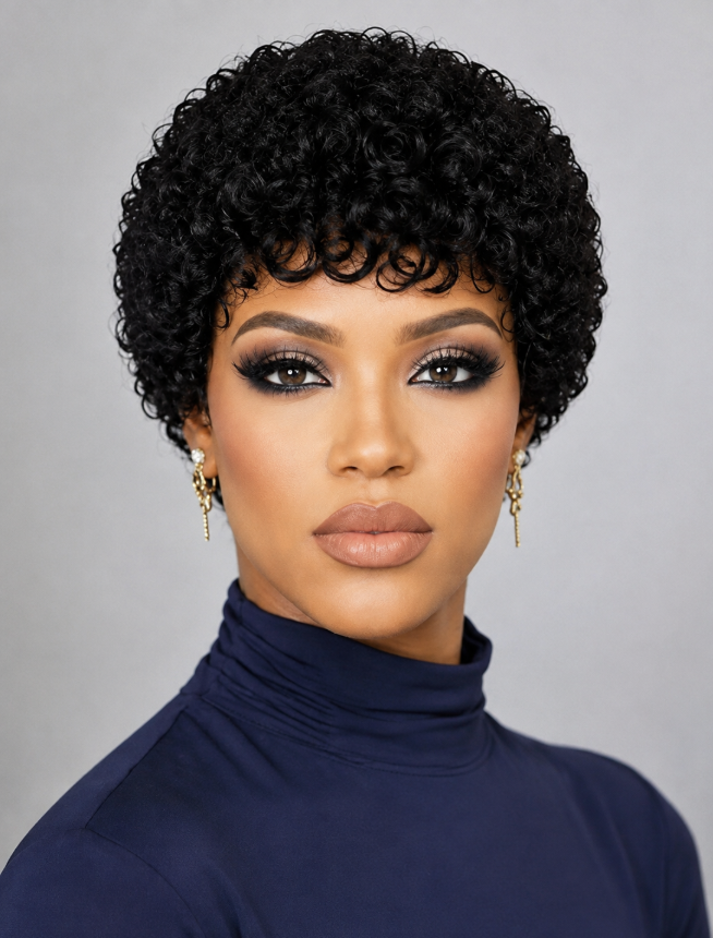Pixie-style Human Hair Wig, Natural Color, Jerry Curly Texture, 4-inch Length. photo 2