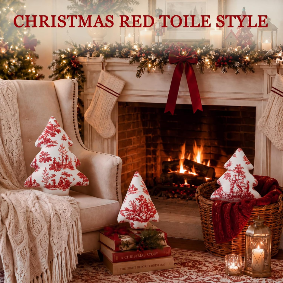 3 Pcs Red Toile Christmas Tree Pillows Vintage Cushion Decor photo 7