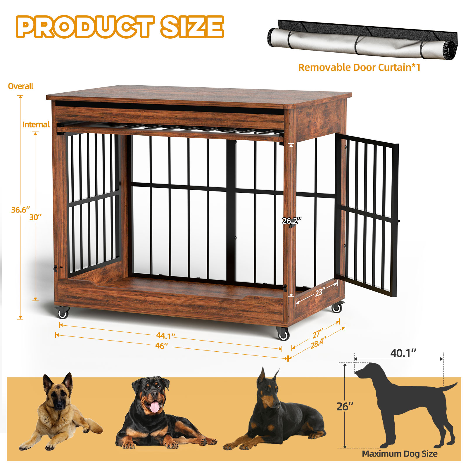 46in Large Dog Crate Furniture, Double Door Wooden Indoor Dog Kennel Furniture, Decorative Pet Cage End Table With Wheels For Extra Large Breed Dogs, Size 2XL, Greige photo 3