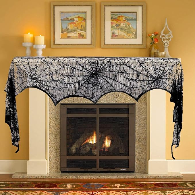 Black Lace Spiderweb Fireplace Mantle Scarf 18x96 Inch Halloween Cobweb Decoration For Party Decor photo 5