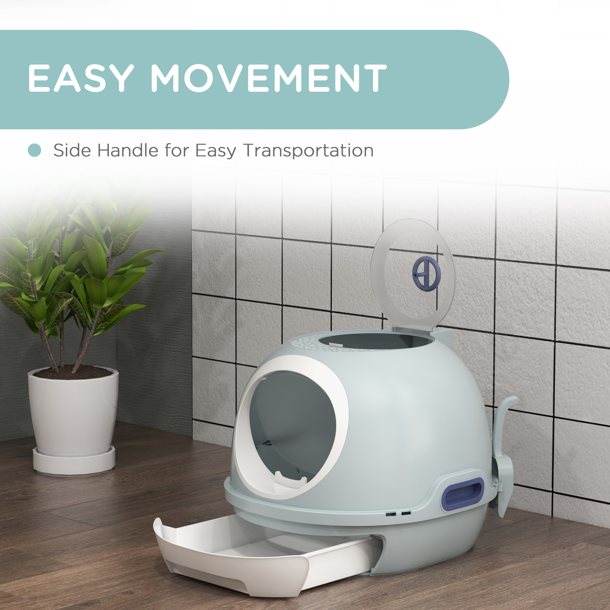 PawHut Cat Litter Box Toilet With Litter Scoop Enclosed Drawer, Front Entry Top Exit, Easy To Clean Blue photo 5