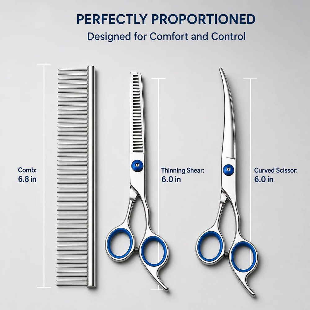 Pet Grooming Scissors Kit, 4 In 1 Professional Stainless Steel Dog Cat Grooming Shears Set, Straight & Curved & Thinning Scissors With Metal Comb & Storage Case, Safe Home Pet Hair Trimming Tool For photo 5