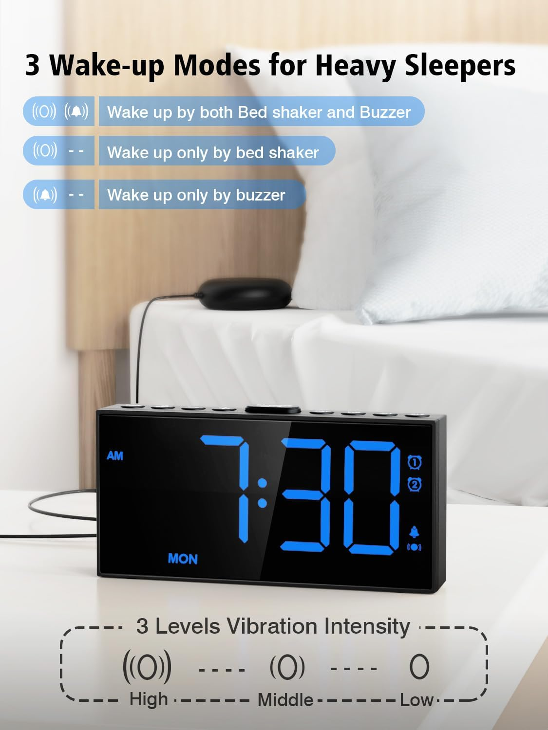 A Loud Alarm Clock With A Bed Vibration Device, Specially Designed For People With Severe Insomnia. It Is Suitable For Those With Hearing Impairments And Deafness. It Has 2 Alarm Functions, 3 Vibratio photo 2