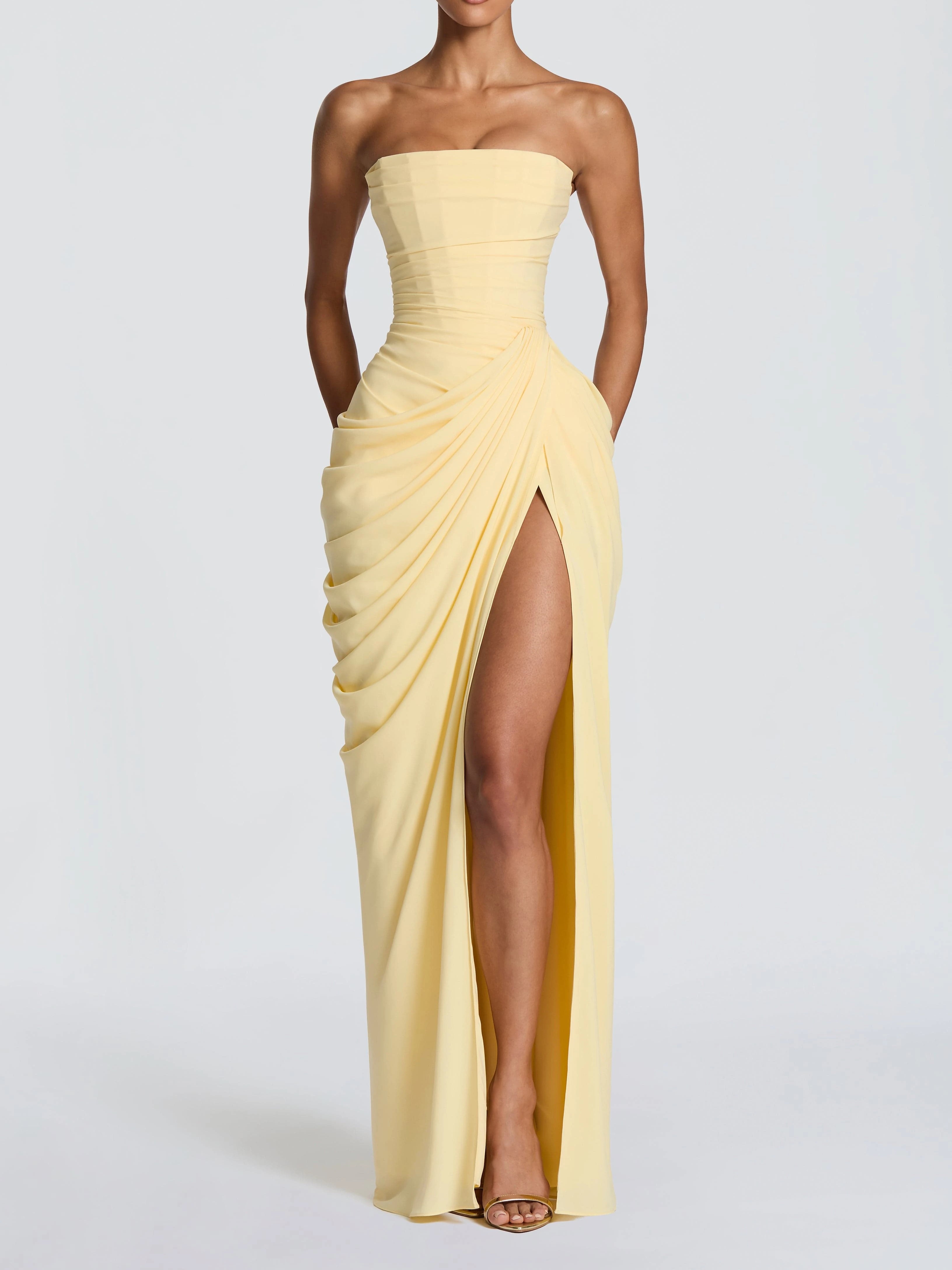Burgundy Strapless Ruched High-Slit Maxi Gown With Pockets photo 2