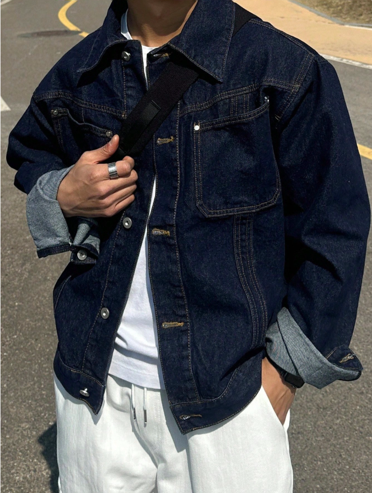 Dark Indigo Denim Jacket Men Multi Pocket Casual Jean Jacket Contrast  USA Warehouse Stock photo 5