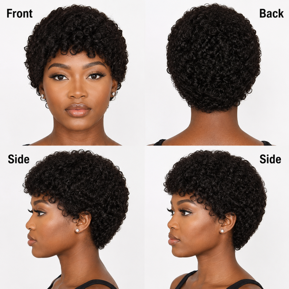 Pixie-style Human Hair Wig, Natural Color, Jerry Curly Texture, 4-inch Length. photo 4