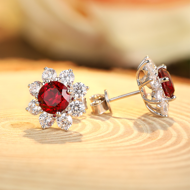 S925 Silver 4.1g Flower Lab-Created Gemstone Earrings, 6.5mm Ruby Sapphire Paraiba Spinel photo 5