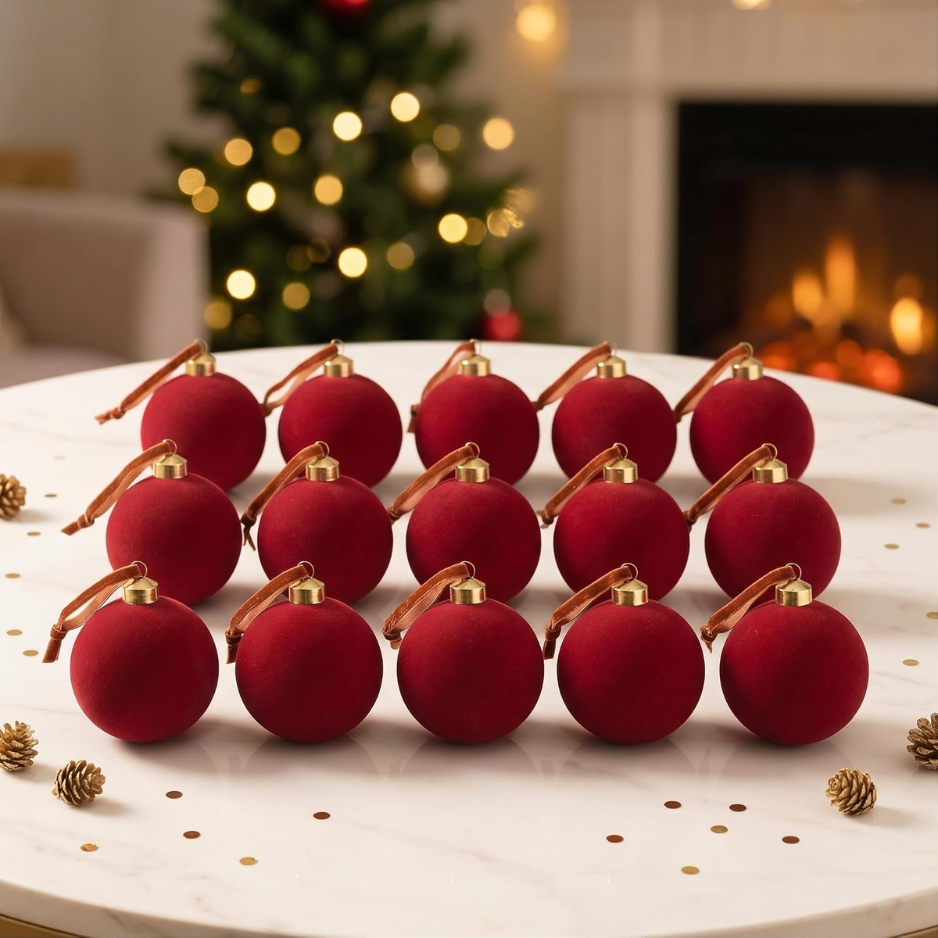 15 Pcs Red Velvet Christmas Decorations Balls, 2.65 Inch Christmas Ornaments For Xmas Tree Decor, Dark Red Flocked Ball For Family Holiday Party Valentines photo 2