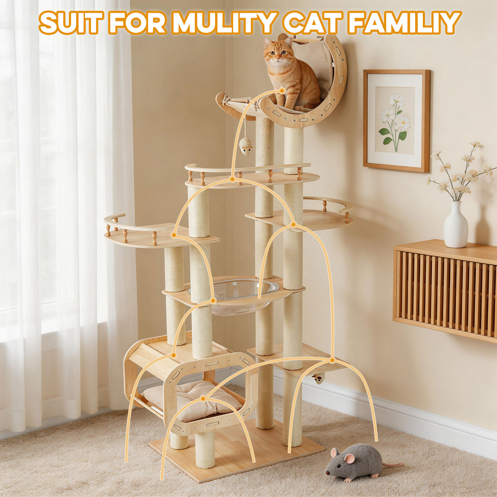 Heavy-Duty No-Drill Large Cat Tree-Solid Wood, 5-Story Multi-Column Cat Tower, 80.4in For Large Spaces & Multi-Cat Households, Open Condo, Space Capsule, Bed, Durable Indoor Pet Furniture photo 2