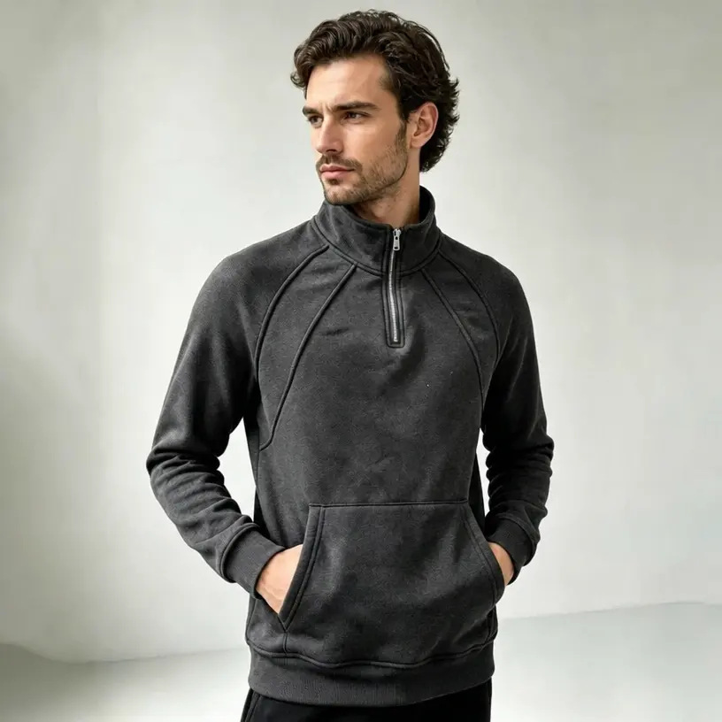 New Men's Fleece Zip Sweatshirt, Loose Stand Collar Sports Casual Outerwear photo 4