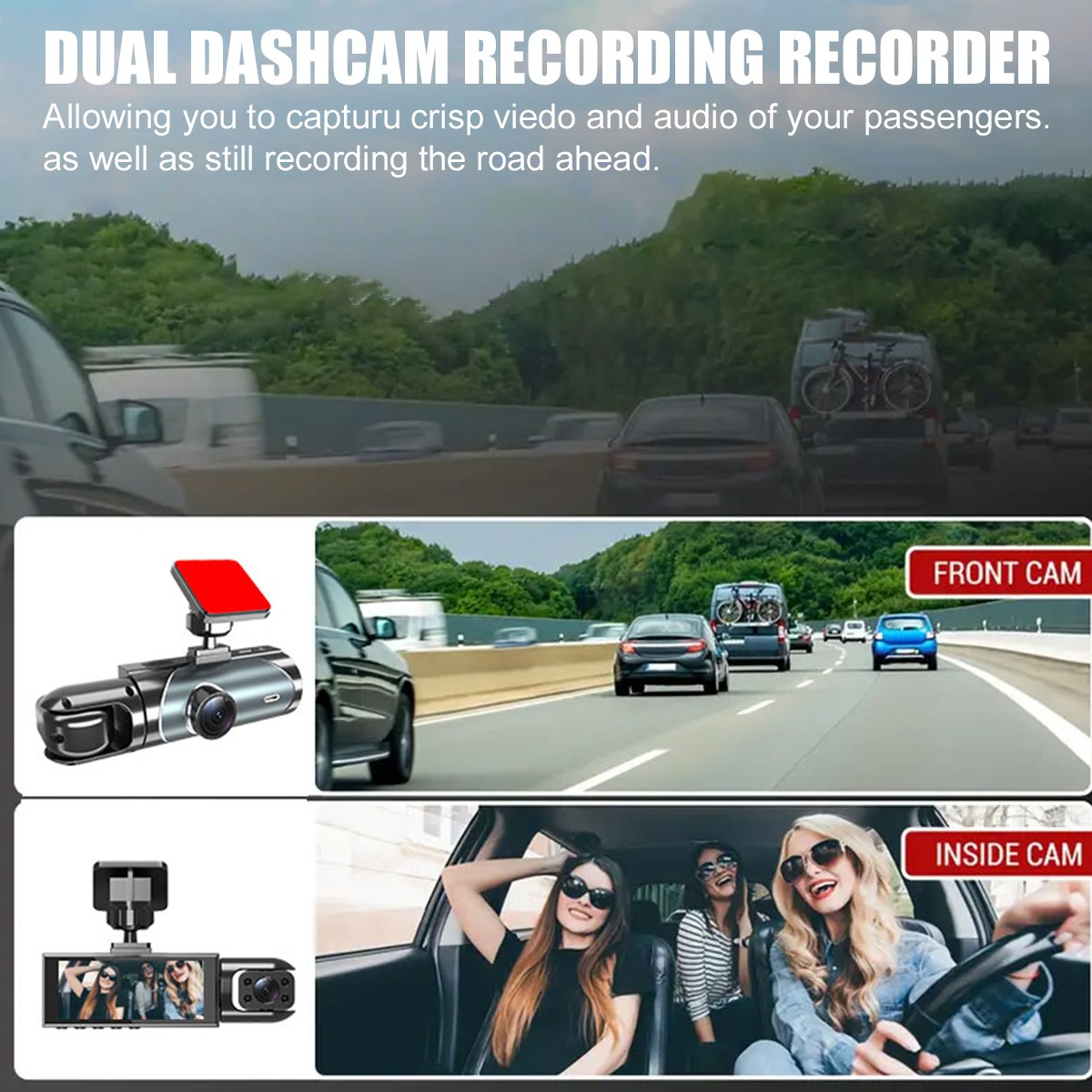1080P Dual Lens Car DVR Dash Cam Video Recorder G-Sensor Front And Inside Camera photo 2