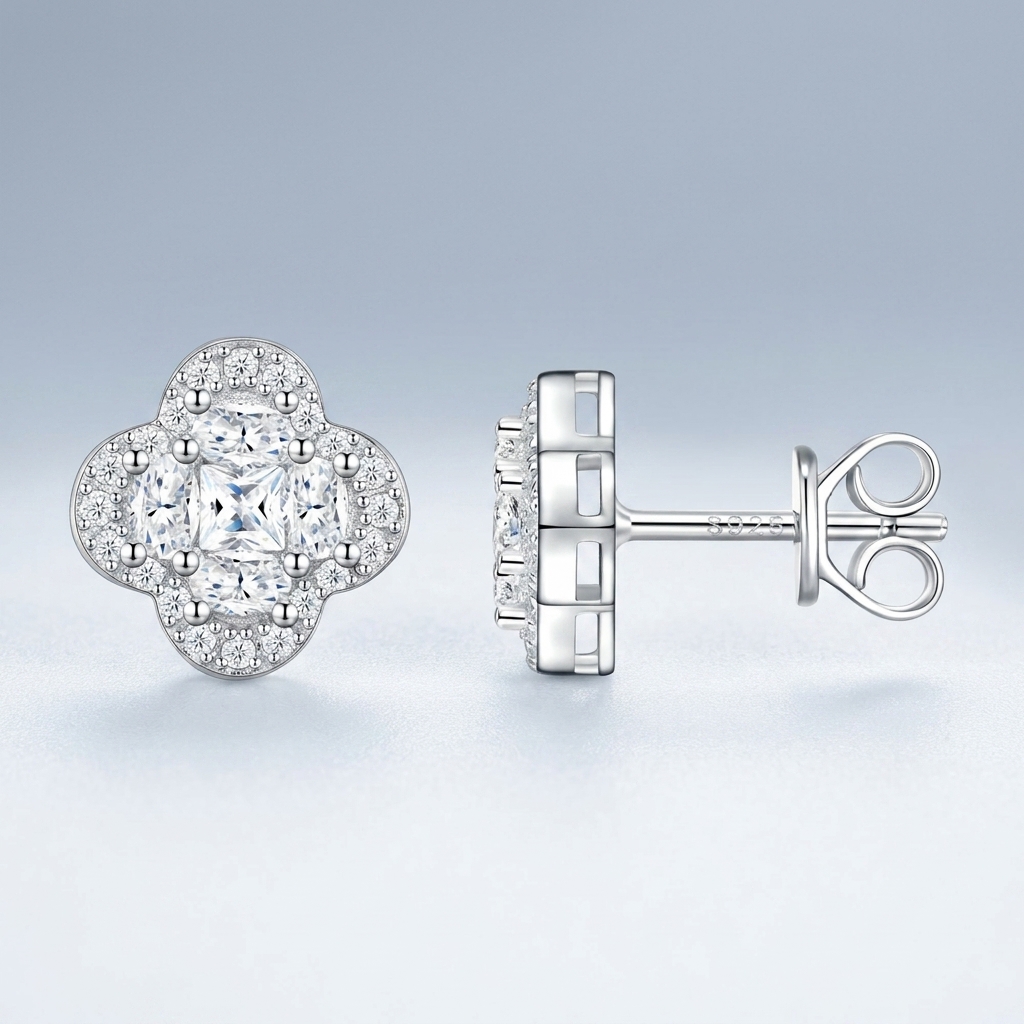 S925 Silver 2.5g Platinum Plated D VVS1 Moissanite Flower Cluster Stud Earrings, Pair, GRA Certified Gift Box photo 3