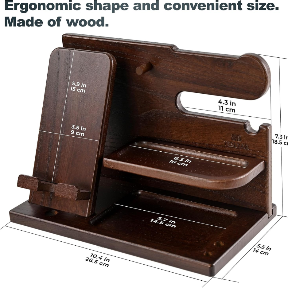 TESLYAR Wood Phone Docking Station For Men - Desk Or Nightstand Organizer - Birthday Gifts For Husband, Dad - Anniversary Idea From Wife - Key Holder, Stand Wallet, Watch, Essentials photo 4