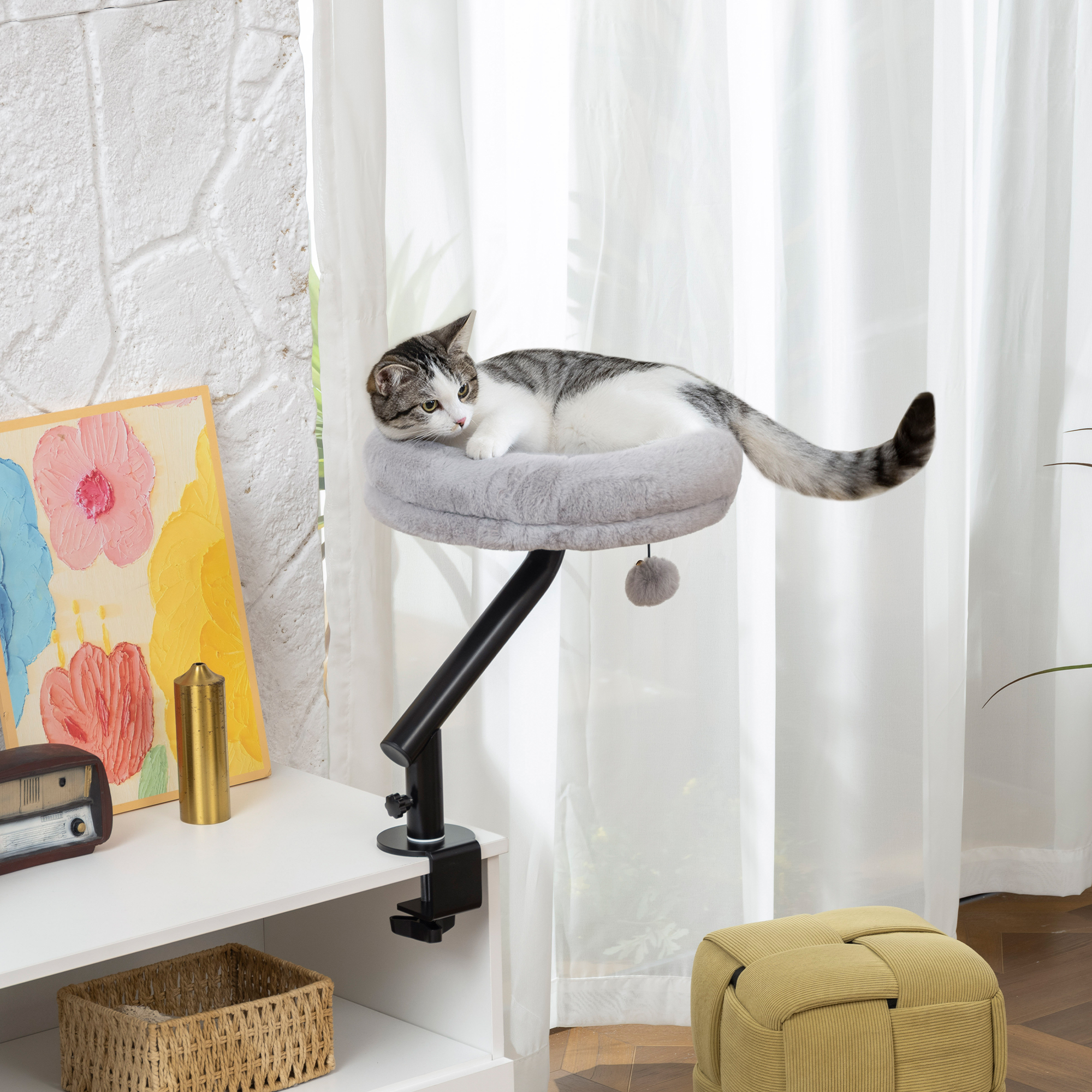 Cat Desk Bed, Cat Hammock 360degrees Rotatable Adjustable For Window, Table, Work, Grey photo 1