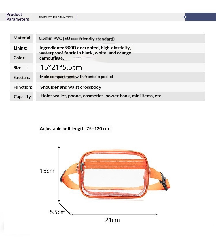 Transparent PVC Toiletry Bag, Waterproof, Portable, Large Capacity Crossbody Makeup Bag, Outdoor Sports Storage Bag, Waist Bag - Orange Red photo 4